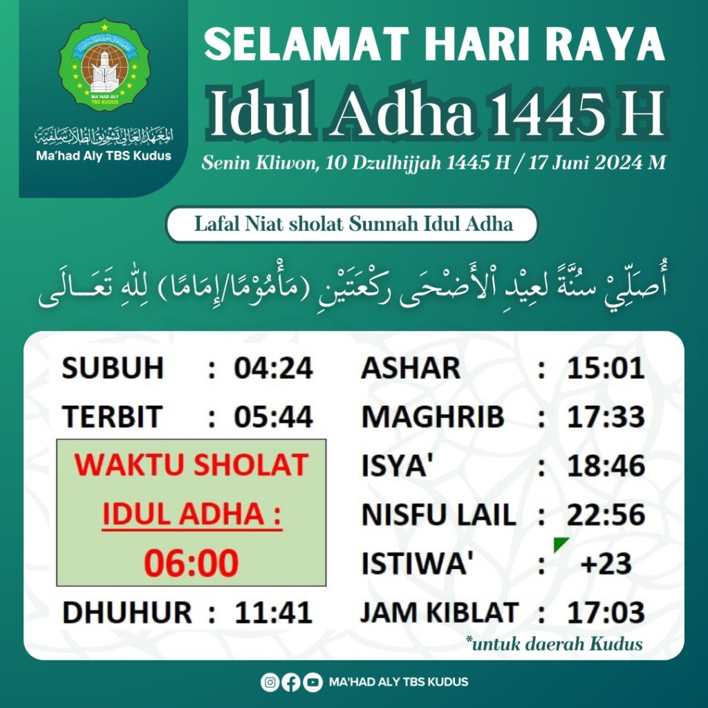 Jadwal Salat Iduladha untuk Wilayah Kudus, 10 Zulhijjah 1445&nbsp;H